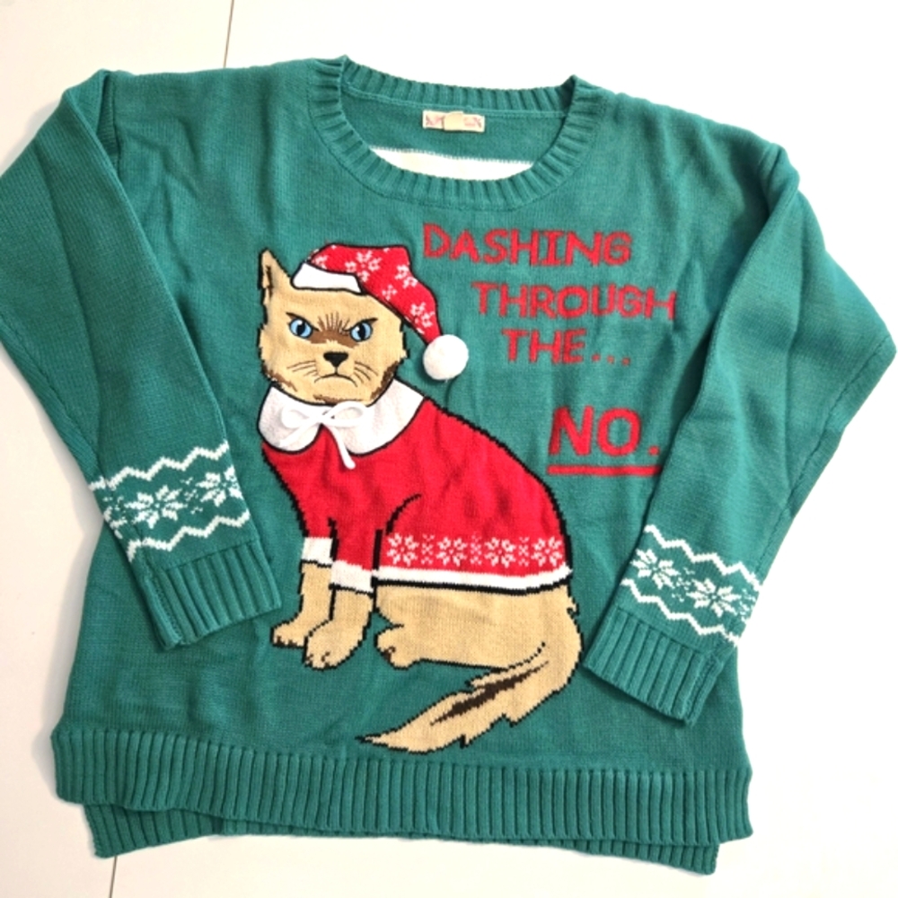 Ugly Christmas Knit Sweater Angry Cat Dashing Through The NO Sz M Green Stripe